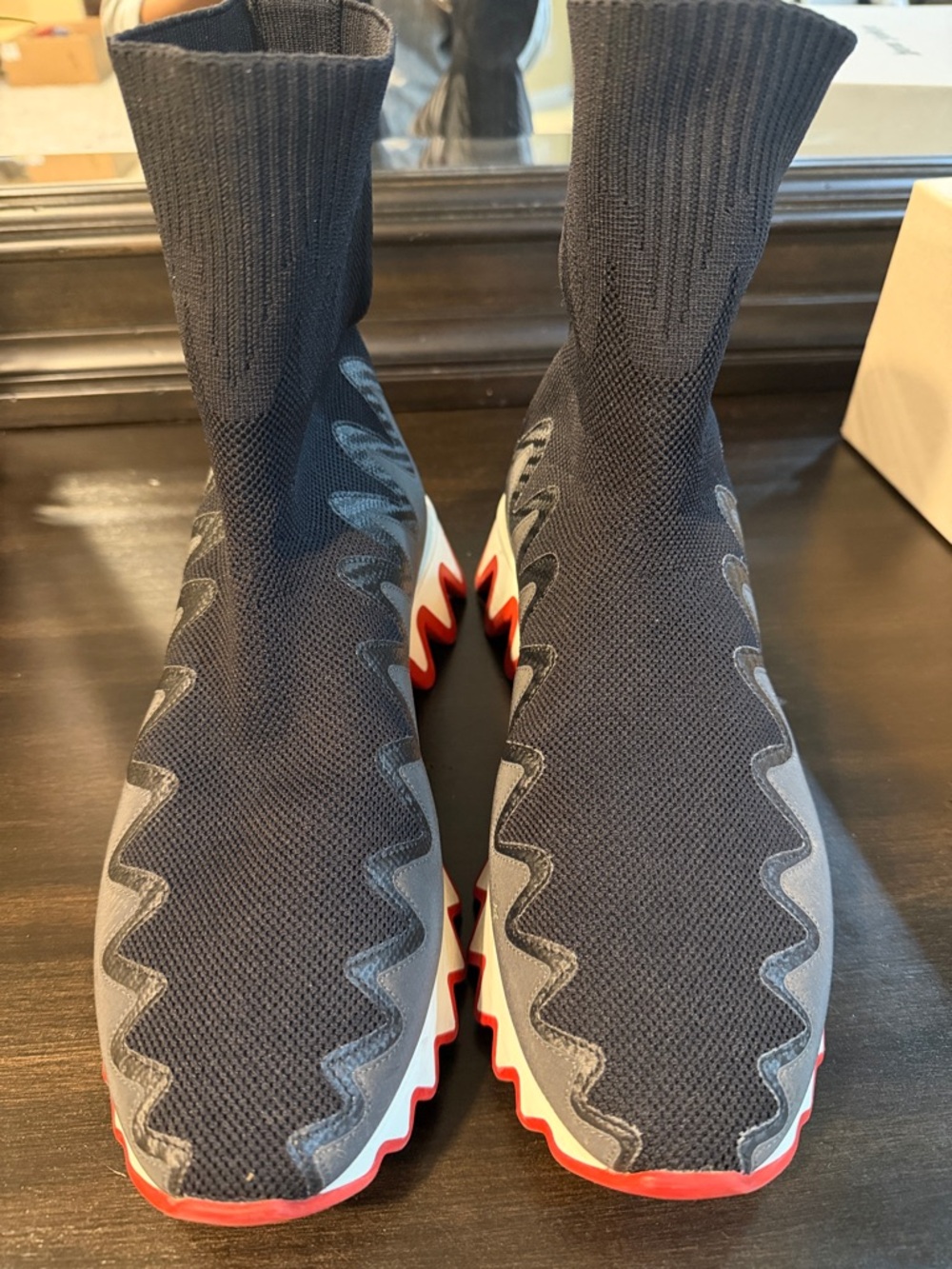 Christian Louboutin Stretch Knit Sock Sneakers in Black and Gray with Red Trim